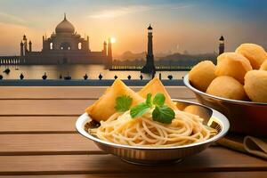 indiano cibo con taj Mahal nel sfondo. ai-generato foto