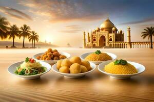 quattro ciotole di cibo con un' Visualizza di il taj mahal. ai-generato foto