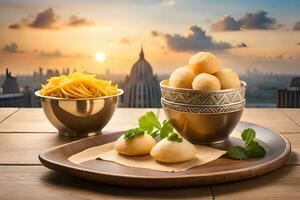 indiano cibo con città Visualizza nel sfondo. ai-generato foto