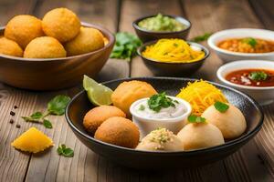 indiano cibo con diverso tipi di cibo nel ciotole. ai-generato foto