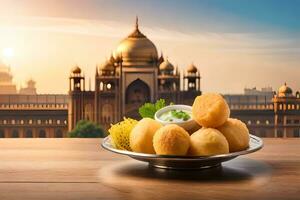 indiano cibo nel un' argento ciotola con un' Visualizza di il indiano palazzo nel il sfondo. ai-generato foto