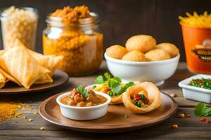 indiano cibo su di legno tavolo con ciotole di cibo. ai-generato foto