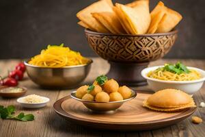 indiano cibo su di legno tavolo con ciotole e piatti. ai-generato foto