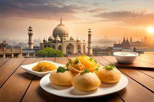 indiano cibo su un' piatto con un' Visualizza di il taj Mahal nel il sfondo. ai-generato foto