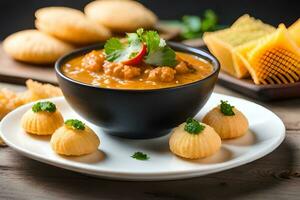 indiano curry con Ravioli e pane. ai-generato foto