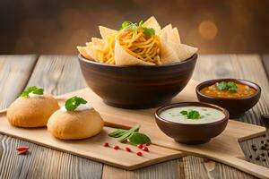 indiano cibo con speziato patatine fritte e immersione. ai-generato foto