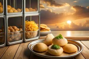 un' piatto di cibo su un' tavolo con un' Visualizza di il oceano. ai-generato foto