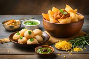 indiano cibo con speziato salsa e verdure su di legno tavolo. ai-generato foto