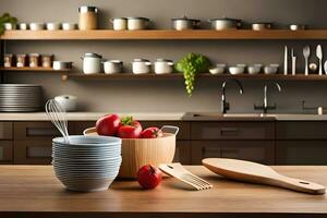 un' cucina con di legno scaffali e utensili. ai-generato foto