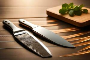Due coltelli e un' coltello pettine su un' di legno taglio tavola. ai-generato foto