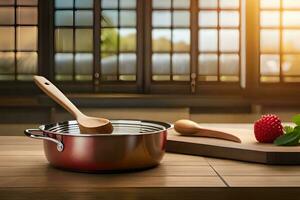 un' padella con un' di legno cucchiaio e un' ciotola di fragole. ai-generato foto