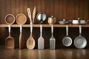 cucina utensili su di legno mensola 3d resa. ai-generato foto