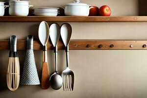 cucina utensili su di legno ripiano. ai-generato foto