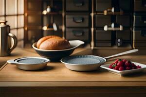 un' cucina tavolo con ciotole, piatti e pane. ai-generato foto