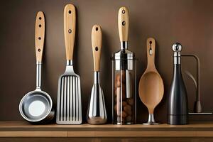 un' gruppo di cucina utensili siamo foderato su su un' ripiano. ai-generato foto