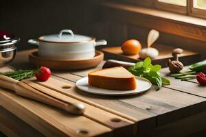 un' di legno tavolo con formaggio, verdure e altro Oggetti. ai-generato foto