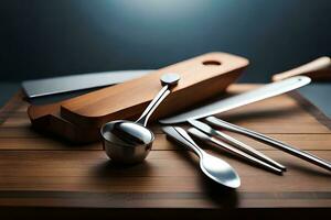 un' coltello, cucchiaio, e taglio tavola su un' di legno taglio tavola. ai-generato foto