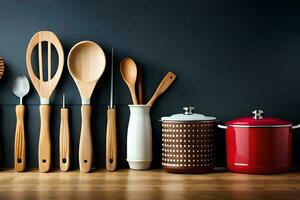 un' varietà di cucina utensili siamo foderato su su un' tavolo. ai-generato foto