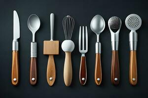 un' collezione di cucina utensili su un' nero sfondo. ai-generato foto