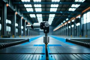 un' robot è in piedi su un' trasportatore cintura nel un' fabbrica. ai-generato foto