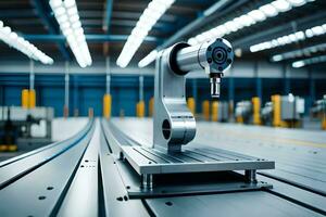 un' robotica macchina è su un' trasportatore cintura nel un' fabbrica. ai-generato foto