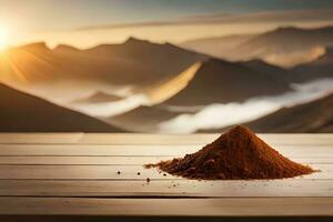 un' mucchio di caffè polvere su un' di legno tavolo con montagne nel il sfondo. ai-generato foto