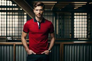 un' uomo nel un' rosso polo camicia in piedi nel un' magazzino. ai-generato foto