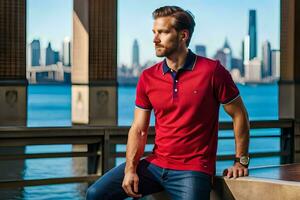 un' uomo nel un' rosso polo camicia seduta su un' sporgenza. ai-generato foto