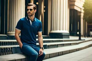 un' uomo nel occhiali da sole e un' blu polo camicia seduta su un' sporgenza. ai-generato foto