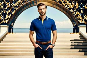 un' uomo nel un' blu polo camicia e jeans. ai-generato foto