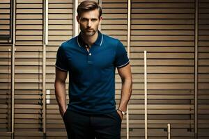 un' uomo nel un' blu polo camicia e nero pantaloni. ai-generato foto