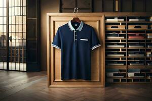 un' blu polo camicia sospeso su un' di legno porta. ai-generato foto