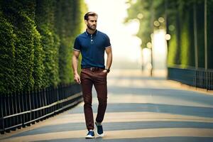 un' uomo nel un' blu polo camicia e marrone pantaloni a piedi giù un' sentiero. ai-generato foto