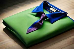 un' verde camicia e blu cravatta posa su un' di legno tavolo. ai-generato foto