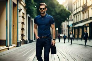 un' uomo nel un' blu polo camicia e occhiali da sole a piedi giù un' strada. ai-generato foto