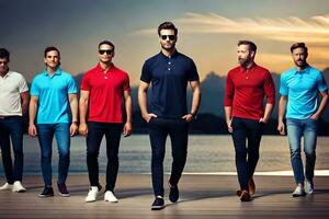 cinque uomini nel diverso colori di polo camicie. ai-generato foto