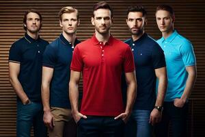 cinque uomini nel diverso colori di polo camicie. ai-generato foto