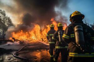 pompiere utilizzando acqua e estintore per combattente con fuoco fiamma nel un emergenza, generativo ai foto