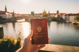 mano Tenere passaporto contro nomade viaggio concetto. generativo ai foto