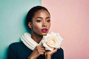 bellissimo africano donna con rosa contro colorato sfondo. ai-generato foto