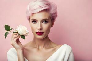 bellissimo donna con rosa capelli Tenere un' rosa. ai-generato foto