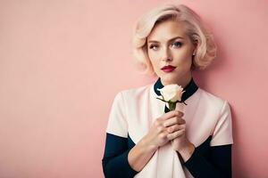 un' donna con corto capelli e un' bianca rosa. ai-generato foto