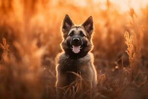 divertente carino cucciolo corre e giochi nel il campo. neurale Rete ai generato foto