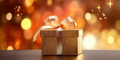 ai generato Natale regalo scatola nel un' brillante pacchetto con un' arco su un' bokeh sfondo. generativo ai foto