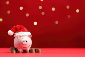 porcellino banca con Santa Claus cappello e monete su festivo rosso sfondo. generativo ai foto