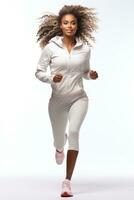 africano femmina jogging contento e energico bianca sfondo generativo ai foto
