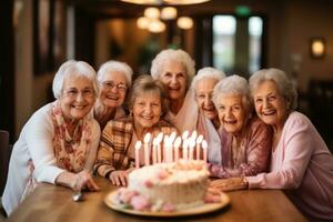 anziano donne e amici candele su compleanno torta per un' celebrazione. generativo ai foto