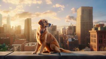 ai generativo d'oro cane da riporto cane seduta su il balcone con paesaggio urbano sfondo foto