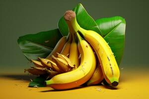 ai generativo Banana mazzo con verde foglia su giallo sfondo. 3d illustrazione foto