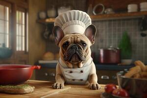 divertente Immagine di un' francese bulldog nel un' capocuoco costume, in mostra culinario umorismo nel il cucina ambientazione. copia spazio Perfetto per legati al cibo progetti e a tema intrattenimento disegni, ai generativo foto